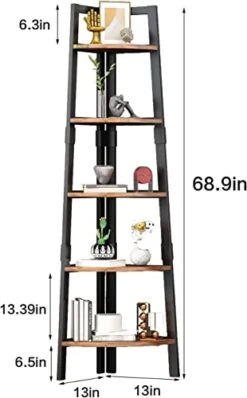 ALISENED 5 Tier Corner Shelf, 68.9" Wood Tall Ladder Bookshelf, Industrial Plant Stand Storage Shelving With Metal Frame For Bedroom, Library, Living Room, Home, Office, Rustic Brown -Amazon Store 41A674X9WaL