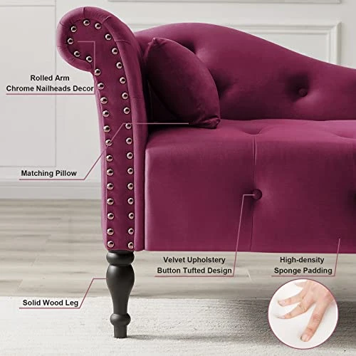 KIVENJAJA Velvet Chaise Lounge Indoor, 60” Tufted Upholstered Lounge Chair With Pillow & Rolled Arm Nailhead Trim For Bedroom Living Room Office, Burgundy 5 KIVENJAJA Velvet Chaise Lounge Indoor, 60” Tufted Upholstered Lounge Chair With Pillow & Rolled Arm Nailhead Trim For Bedroom Living Room Office, Burgundy - Image 3