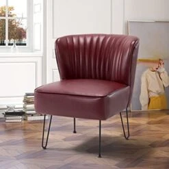 HULALA HOME Faux Leather Accent Chairs Set Of 2 With Metal Base, Mid Century Modern Living Room Chairs, Comfy Upholstered Armless Side Chairs For Bedroom, Camel -Amazon Store 41ARqnZAkuL. AC