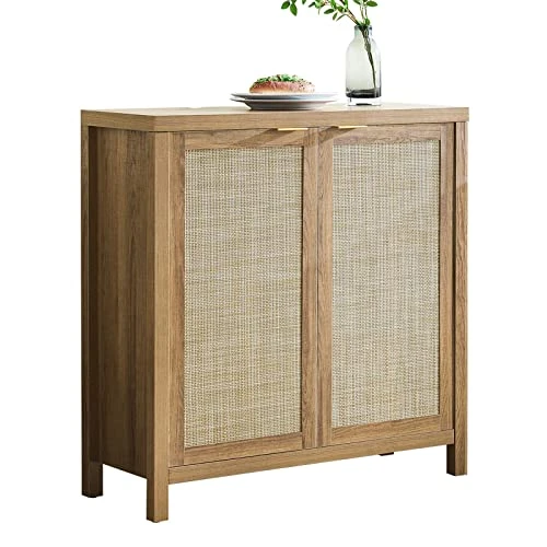 SICOTAS Sideboard Buffet Rattan Storage Cabinet - Farmhouse Kitchen Cabinet With Rattan Decorated Doors - Boho Accent Liquor Coffee Bar Cabinet - Cupboard Console Table For Dining Room Bar - Natural 3 SICOTAS Sideboard Buffet Rattan Storage Cabinet - Farmhouse Kitchen Cabinet With Rattan Decorated Doors - Boho Accent Liquor Coffee Bar Cabinet - Cupboard Console Table For Dining Room Bar - Natural