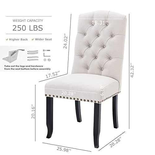 COLAMY Tufted Dining Chairs Set Of 6, Upholstered Parsons Dining Room Chairs, Fabric Kitchen Side Chair With Nailhead Trim And Wood Legs, Beige 4 COLAMY Tufted Dining Chairs Set Of 6, Upholstered Parsons Dining Room Chairs, Fabric Kitchen Side Chair With Nailhead Trim And Wood Legs, Beige - Image 2