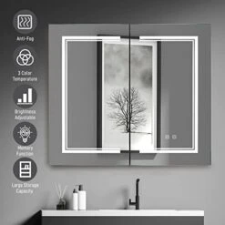 MENGK FCH 32 * 28in OZON Board, 1 Door, 2 Layers, Led Light, Anti-Fog, Three-Color Lighting, Brightness Adjustment, Power-Off Memory, With 2 Plugs, 2 USB Ports, Bathroom Wall Cabinet, Black -Amazon Store 41AXQFOrYpL