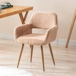 SSLine Faux Fur Vanity Chair Elegant White Furry Makeup Desk Chairs For Girls Women Modern Comfy Fluffy Arm Chair With Wood Look Metal Legs In Bedroom Living Room -Amazon Store 41AieLq1KNL. AC