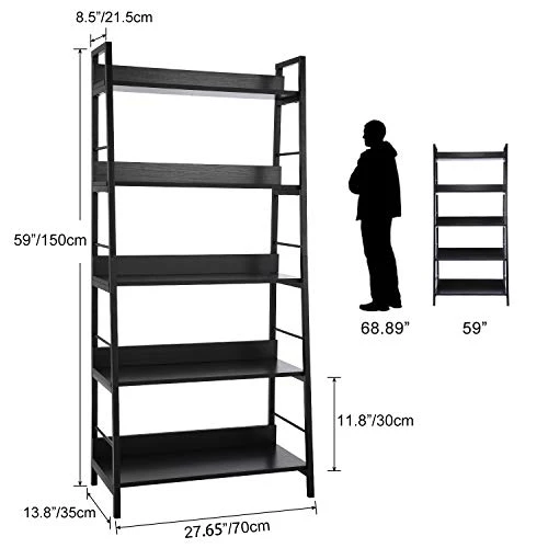 BATHWA Industrial 5-Tier Ladder Bookshelf Wood And Metal Bookcase Black Organizer Stand Rack Storage Ladder Shelves For Living Room Office Bathroom Kitchen, 59'' Height 7 BATHWA Industrial 5-Tier Ladder Bookshelf Wood And Metal Bookcase Black Organizer Stand Rack Storage Ladder Shelves For Living Room Office Bathroom Kitchen, 59'' Height - Image 5