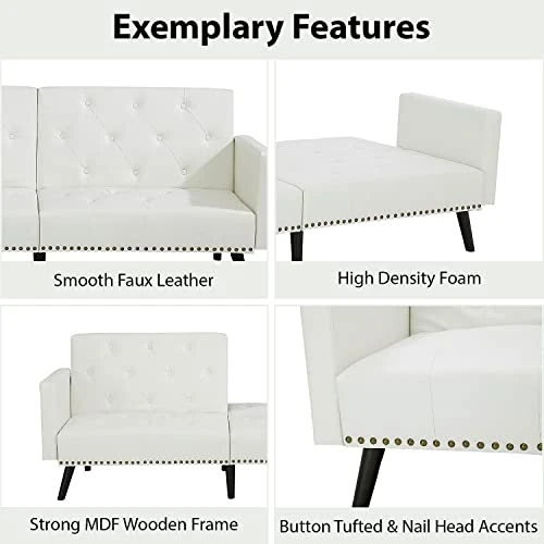 Tufted Split Back Futon, Mid Century Modern Convertible Sofa Bed For Small Rooms, Faux Leather Couch With Elegant Design, Perfect For Your Modern Living Room Or Guest Room - White, Faux Leather 7 Tufted Split Back Futon, Mid Century Modern Convertible Sofa Bed For Small Rooms, Faux Leather Couch With Elegant Design, Perfect For Your Modern Living Room Or Guest Room - White, Faux Leather - Image 5