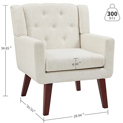 Accent Chair Button-Tufted Upholstered Living Room Chairs Comfy Reading Chair Mid Century Modern Chair With Linen Fabric Lounge Arm Chairs For Living Room Bedroom (Beige) 4 Accent Chair Button-Tufted Upholstered Living Room Chairs Comfy Reading Chair Mid Century Modern Chair With Linen Fabric Lounge Arm Chairs For Living Room Bedroom (Beige) - Image 2
