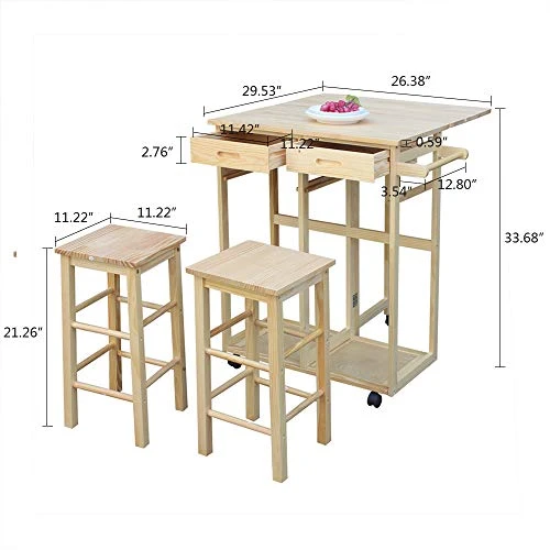 ANTSKU 3Pcs Drop Leaf Table, Rolling Kitchen Tables For Small Spaces, Space Saving Dining Table Set For 2, Natural 4 ANTSKU 3Pcs Drop Leaf Table, Rolling Kitchen Tables For Small Spaces, Space Saving Dining Table Set For 2, Natural - Image 2