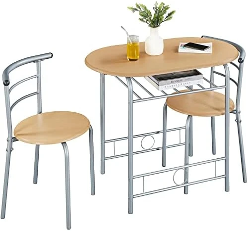 Yaheetech 3 Piece Round Dining Table Set Kitchen Breakfast Table Set For 2 Dining Table With 2 Chairs Space Saving Table Set W/Metal Frame, Wine Rack For Small Space/Apartment, Drift Brown 10 Yaheetech 3 Piece Round Dining Table Set Kitchen Breakfast Table Set For 2 Dining Table With 2 Chairs Space Saving Table Set W/Metal Frame, Wine Rack For Small Space/Apartment, Drift Brown - Image 8