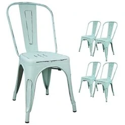 Devoko Metal Indoor-Outdoor Chairs Distressed Style Kitchen Dining Chairs Stackable Side Chairs With Back Set Of 4 (Blue)