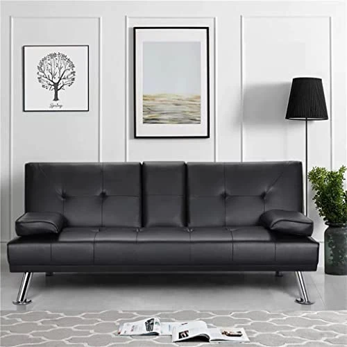 TJLSS Faux Leather Futon Multifunctional Convertible Folding Bed Sofa With Cupholders Pillows 5 TJLSS Faux Leather Futon Multifunctional Convertible Folding Bed Sofa With Cupholders Pillows - Image 3