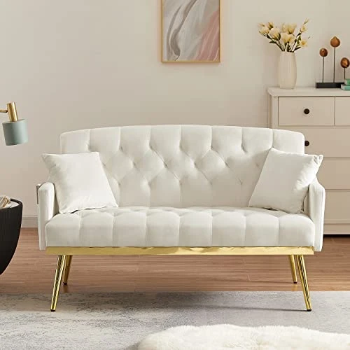 Antetek Upholstered Velvet Loveseat Sofa, Modern Small Sofa Couch With Side Pocket And Golden Metal Legs, Tufted Leisure Sofa For Living Room, Bedroom, Office, Light Beige 3 Antetek Upholstered Velvet Loveseat Sofa, Modern Small Sofa Couch With Side Pocket And Golden Metal Legs, Tufted Leisure Sofa For Living Room, Bedroom, Office, Light Beige