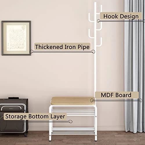 LINZINAR Coat Rack Shoe Bench 3 In 1 Design Hall Tree Storage Bench Industrial Style Coat Tree For Bedroom Living Room Entryway, White 7 LINZINAR Coat Rack Shoe Bench 3 In 1 Design Hall Tree Storage Bench Industrial Style Coat Tree For Bedroom Living Room Entryway, White - Image 5