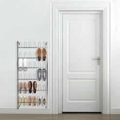 MyGift Black Metal Shoe Organizer For Entryway, Wall Mounted Shoe Rack For Closet With 36 Hooks, Holds Up To 18 Pair