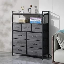 WASAGUN 9 Fabric Drawers Dresser, Dresser For Bedroom With Charging Station & USB Ports, Aluminum Alloy Handle And Wooden Top, Chest Of Drawers For Bedroom, Dark Grey -Amazon Store 41BoWJEujHL