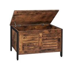 HOOBRO Storage Chest, Wooden Toy Chest, Retro Toy Box Organizer With Safety Hinge, Sturdy Storage Bench, Metal Frame, Supports 220 Lb, Louvered Door, Rustic Brown BF85CW01G1