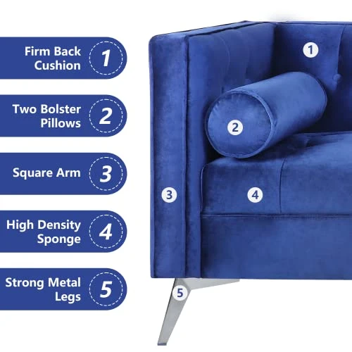 Wirrytor Mid-Century Velvet Chesterfield Sofa Couch, Modern Love Seats Sofa Furniture, Upholstered Button Tufted Couch With 2 Bolster Pillows For Living Room Apartment(Blue) 5 Wirrytor Mid-Century Velvet Chesterfield Sofa Couch, Modern Love Seats Sofa Furniture, Upholstered Button Tufted Couch With 2 Bolster Pillows For Living Room Apartment(Blue) - Image 3
