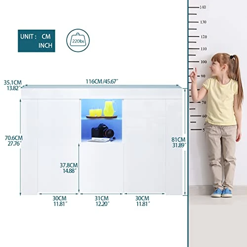 ARMCONE LED Sideboard Buffet Cabinet High Glossy Front Kitchen Sideboard With Storage Large Buffet Table Wooden Bar Cabinet For Kitchen Dining Room Hallway Living Room (45.67" Wx13.82 Dx31.89 H) 4 ARMCONE LED Sideboard Buffet Cabinet High Glossy Front Kitchen Sideboard With Storage Large Buffet Table Wooden Bar Cabinet For Kitchen Dining Room Hallway Living Room (45.67" Wx13.82 Dx31.89 H) - Image 2