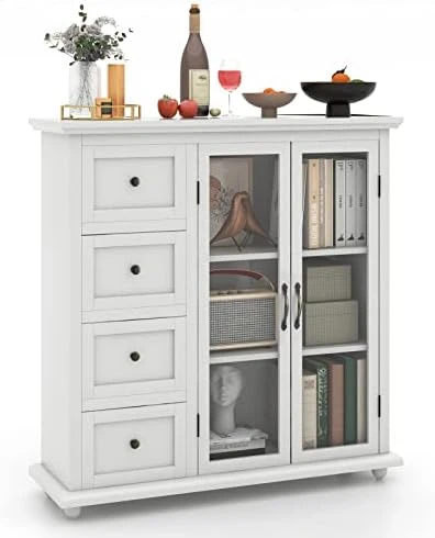 COSTWAY Buffet Sideboard Storage Cabinet, Console Table With 4 Drawers, 2-Glass Door, For Kitchen Dining Room, Entryway, Kitchen Pantry, Buffet Server (White) 12 COSTWAY Buffet Sideboard Storage Cabinet, Console Table With 4 Drawers, 2-Glass Door, For Kitchen Dining Room, Entryway, Kitchen Pantry, Buffet Server (White) - Image 10