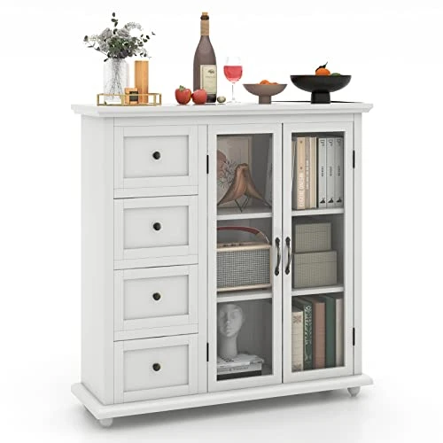 COSTWAY Buffet Sideboard Storage Cabinet, Console Table With 4 Drawers, 2-Glass Door, For Kitchen Dining Room, Entryway, Kitchen Pantry, Buffet Server (White) 3 COSTWAY Buffet Sideboard Storage Cabinet, Console Table With 4 Drawers, 2-Glass Door, For Kitchen Dining Room, Entryway, Kitchen Pantry, Buffet Server (White)