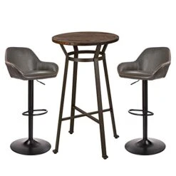 Glitzhome Rustic Steel Bar Table Round Wood Top And Dark Grey Adjustable Swivel Bar Stool With Back Support,Set Of 3 -Amazon Store 41C0MewKPEL