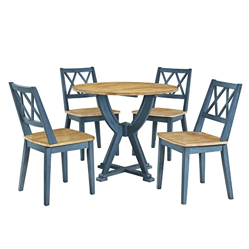Merax Mid-Century 5 Piece Dining Table Set With Chairs For 4 People, Home Kitchen Wooden Furniture, Antique Oak+Antique Blue 5 Merax Mid-Century 5 Piece Dining Table Set With Chairs For 4 People, Home Kitchen Wooden Furniture, Antique Oak+Antique Blue - Image 3