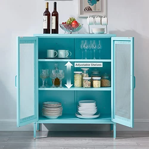 SPACEROCK Storage Cabinet Kitchen Buffet Pantry 40“ Stylish Metal Pantry Cabinet With 2 Mesh Doors, Suitable For Office, Dining Room, Living Room, Blue 6 SPACEROCK Storage Cabinet Kitchen Buffet Pantry 40“ Stylish Metal Pantry Cabinet With 2 Mesh Doors, Suitable For Office, Dining Room, Living Room, Blue - Image 4