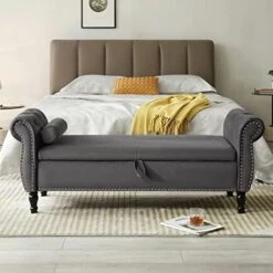 KIVENJAJA Storage Bench For Bedroom End Of Bed, 63" Long Velvet Tufted Upholstered Window Ottoman Benches Seat With Pillow, Rolled Arm Nailhead Trim & Solid Wood Legs, Blue 24 KIVENJAJA Storage Bench For Bedroom End Of Bed, 63" Long Velvet Tufted Upholstered Window Ottoman Benches Seat With Pillow, Rolled Arm Nailhead Trim & Solid Wood Legs, Blue -Amazon Store 41CfH6YmrML. AC