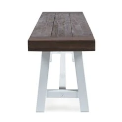 Cytheria Indoor Farmhouse Dark Brown Sandblast Finish Acacia Wood Dining Bench With White Rustic Metal Finish Frame