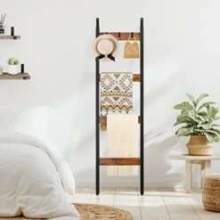 KES 5ft Blanket Ladder, 4-Tier Quilt Ladder Black Ladder Shelf With 3 Adjustable Hooks For Bedroom, Decorative Ladder Metal And Particleboard, Easy Assembly, HLS500-BK