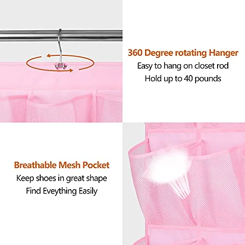 AOODA Hanging Kids Shoe Organizer For Closet Rod Double Sided 30 Large Pockets Baby Shoe Rack For Toddler Shoe Holder With Rotating Hanger For Barbie, Baby Nursery, (Pink) 7 AOODA Hanging Kids Shoe Organizer For Closet Rod Double Sided 30 Large Pockets Baby Shoe Rack For Toddler Shoe Holder With Rotating Hanger For Barbie, Baby Nursery, (Pink) - Image 5