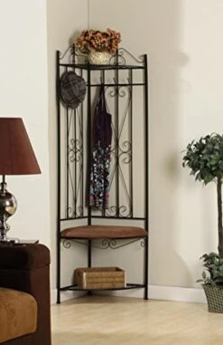 King's Brand Black Metal Corner Entryway Hallway Rack With Bench & 6 Hooks