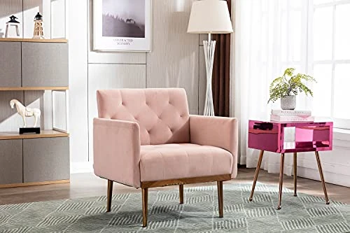 SLEERWAY Modern Velvet Single Sofa Chair, Upholstered Accent Living Room Chair, Comfy Armchair With Rose Golden Metal Legs, Tufted Chair For Reading Or Lounging (Pink) 7 SLEERWAY Modern Velvet Single Sofa Chair, Upholstered Accent Living Room Chair, Comfy Armchair With Rose Golden Metal Legs, Tufted Chair For Reading Or Lounging (Pink) - Image 5