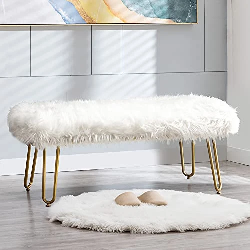 Modern White Faux Fur Ottoman Bench Upholstered Bench For Bedroom/Living Room/Entryway Decorative Accent Bench With Gold Metal Legs 5 Modern White Faux Fur Ottoman Bench Upholstered Bench For Bedroom/Living Room/Entryway Decorative Accent Bench With Gold Metal Legs - Image 3