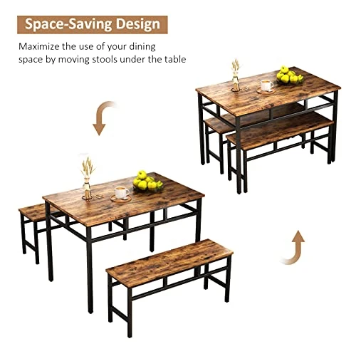 CALABASH Dining Room Table Set With 2 Benches, Industrial 3 Piece Dining Set For Home, Kitchen, Apartment And Small Space,Rustic Brown And Black Metal Frame 4 CALABASH Dining Room Table Set With 2 Benches, Industrial 3 Piece Dining Set For Home, Kitchen, Apartment And Small Space,Rustic Brown And Black Metal Frame - Image 2
