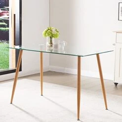 Glass Dining Table Rectangle - Glass Top Dining Room Table, Modern Clear Kitchen Table With Wooden Metal Leg, Rectangular Dining Table For 2 Or 4 For Small Spaces Apartment Kitchen Or Dining Room
