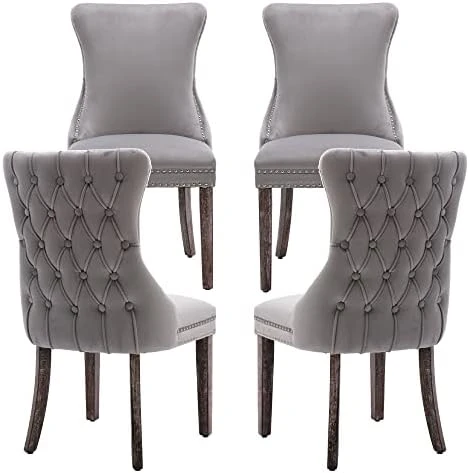 KCC Velvet Dining Chairs Set Of 4, Tufted Upholstered Wingback High-end Dining Kitchen Chair With Nailhead Solid Wood Legs, Contemporary Nikki Collection Modern Style, Beige 11 KCC Velvet Dining Chairs Set Of 4, Tufted Upholstered Wingback High-end Dining Kitchen Chair With Nailhead Solid Wood Legs, Contemporary Nikki Collection Modern Style, Beige - Image 9