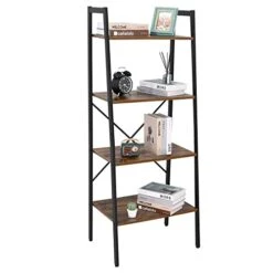 Ladder Shelf 4-Tier Bookshelf Storage Rack, Bookcase With Steel Frame, Display Plant Shelves, Industrial Organizer Shelves For Living Room Bedroom Kitchen Bathroom Office, Rustic Brown And Black