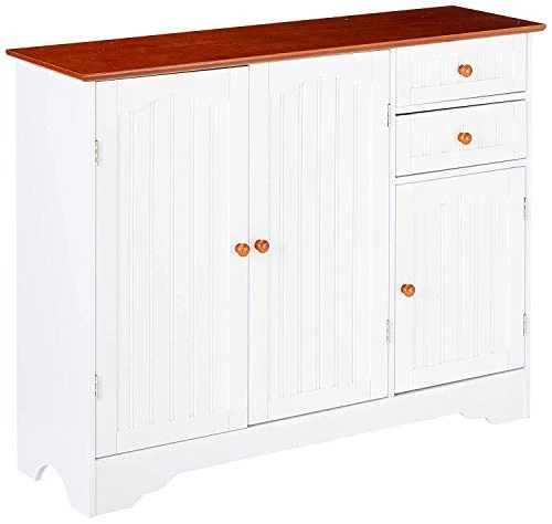 Kings Brand FURNITURE White / Walnut Finish Wood Kitchen Storage Buffet Cabinet 4 Kings Brand FURNITURE White / Walnut Finish Wood Kitchen Storage Buffet Cabinet - Image 2