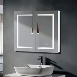 MENGK FCH 32 * 28in OZON Board, 1 Door, 2 Layers, Led Light, Anti-Fog, Three-Color Lighting, Brightness Adjustment, Power-Off Memory, With 2 Plugs, 2 USB Ports, Bathroom Wall Cabinet, Black