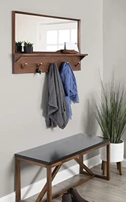 Kate And Laurel Hinter Mid-Century Wood Framed Pub Mirror, 36 X 24, Walnut, Modern Wall Organizer With Mirror And Five Hooks