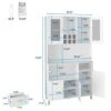 PAKASEPT Kitchen Pantry Storage Cabinet, Modern Freestanding Pantry Cabinet With Tempered Glass Doors,5 Storage Cabinet & Grid Wine Racks & Microwave Space & Drawer For For Living Room, Kitchen,White