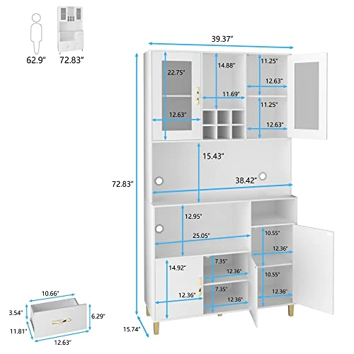 PAKASEPT Kitchen Pantry Storage Cabinet, Modern Freestanding Pantry Cabinet With Tempered Glass Doors,5 Storage Cabinet & Grid Wine Racks & Microwave Space & Drawer For For Living Room, Kitchen,White 3 PAKASEPT Kitchen Pantry Storage Cabinet, Modern Freestanding Pantry Cabinet With Tempered Glass Doors,5 Storage Cabinet & Grid Wine Racks & Microwave Space & Drawer For For Living Room, Kitchen,White