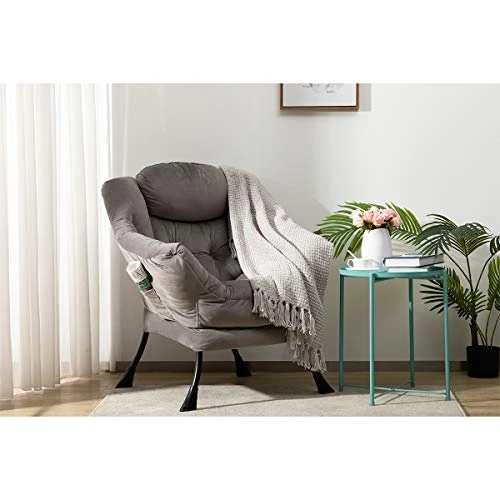 AcozyHom Modern Large Cotton Fabric Lazy Chair,Accent Contemporary Lounge Chair, Single Steel Frame Leisure Sofa Chair With Armrests And A Side Pocket, Smoky Grey 4 AcozyHom Modern Large Cotton Fabric Lazy Chair,Accent Contemporary Lounge Chair, Single Steel Frame Leisure Sofa Chair With Armrests And A Side Pocket, Smoky Grey - Image 2