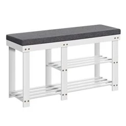 SONGMICS Shoe Rack Bench, 3-Tier Shoe Rack For Entryway, Bamboo Shoe Storage Bench With Cushion And Shelves, White And Gray ULBS606W01