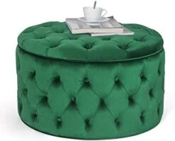 Homebeez Round Velvet Storage Ottoman, Button Tufted Footrest Stool Coffee Table For Living Room (Grey) -Amazon Store 41EWePDtYnL. AC