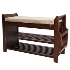 Shoe Bench Rack, Bamboo Removable Cushion Storage Shelf, 2-Tier Entryway Shoe Storage Organizer With Drawer And Umbrella Stand For Shoe Cubby, Entry Bench, Bathroom Bench, Hallway Or Living Room