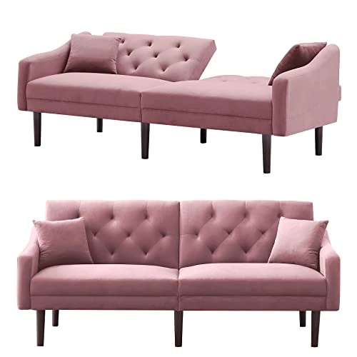 Olela Futon Sofa Bed Convertible Couch Bed With Armrests Modern Living Room Velvet Sofa Bed, Folding Recliner Futon Couch Sleeper Set With Wood Legs, Pink - Velvet 7 Olela Futon Sofa Bed Convertible Couch Bed With Armrests Modern Living Room Velvet Sofa Bed, Folding Recliner Futon Couch Sleeper Set With Wood Legs, Pink - Velvet - Image 5