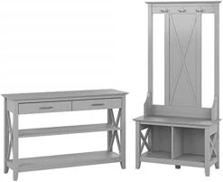 Bush Furniture Key West Entryway Storage Set With Hall Tree, Shoe Bench And Console Table In Pure White Oak -Amazon Store 41Es8S29iAS. AC