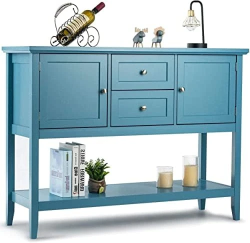 Hysache Buffet Sideboard, Wood Buffet Cabinet With 2 Drawers And 2 Storage Cabinets, Sideboard With Bottom Shelf, Ideal For Kitchen Living Room (Blue) 9 Hysache Buffet Sideboard, Wood Buffet Cabinet With 2 Drawers And 2 Storage Cabinets, Sideboard With Bottom Shelf, Ideal For Kitchen Living Room (Blue) - Image 7
