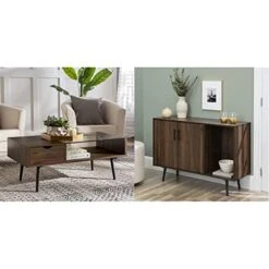 Walker Edison Montclair Mid Century Modern Two Toned 1 Drawer Coffee Table, 42 Inch, Glass And Dark Walnut & Theo Mid Century Modern 2 Door Asymmetrical Glass Shelf Buffet, 44 Inch, Dark Walnut